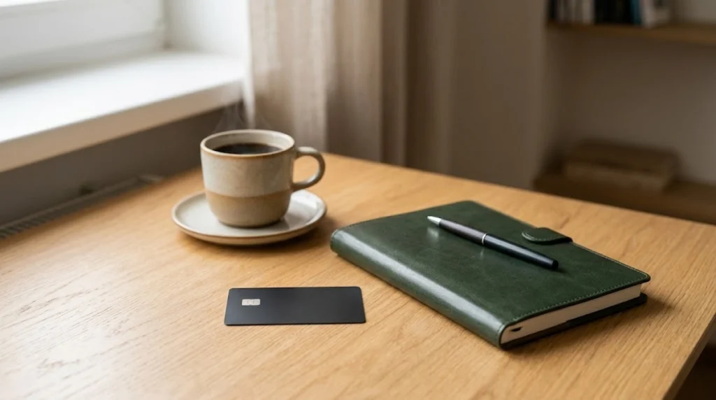 Fotografia realista e minimalista de uma mesa de madeira organizada sob luz natural suave. No centro, há um cartão de crédito escuro e elegante ao lado de um caderno ou planejador fechado com uma caneta disposta sobre ele. Próximo aos itens, há uma xícara de café e um pequeno vaso com planta ao fundo, criando uma atmosfera limpa, equilibrada e de organização financeira.