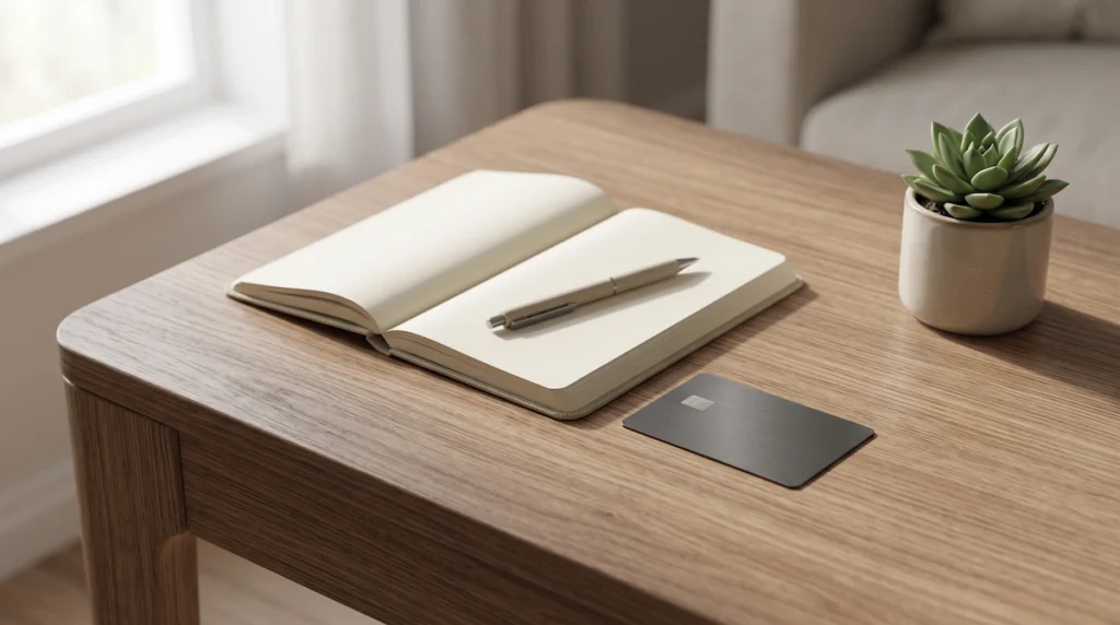 Fotografia realista e minimalista sobre uma mesa de madeira clara e bem iluminada pela luz natural. No centro, há um cartão de crédito genérico e discreto repousando ao lado de um caderno aberto com uma caneta sobre a página. Ao lado, há um vaso pequeno com uma planta verde. O ambiente é organizado, limpo e transmite tranquilidade e controle financeiro.
