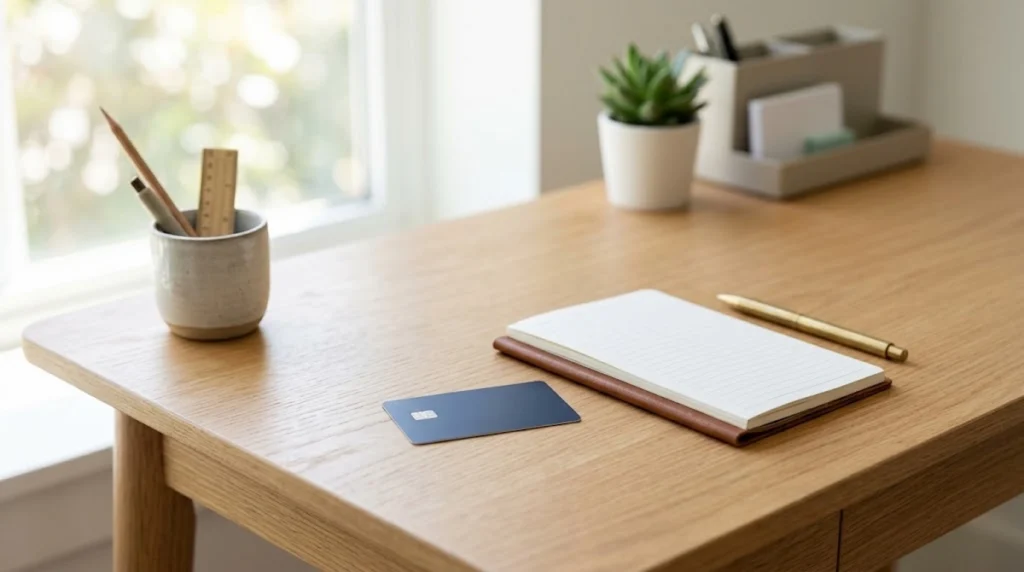 Fotografia estilo minimalista de uma mesa de trabalho organizada feita de madeira clara. Em cima da mesa, há um cartão de crédito azul escuro sem inscrições visíveis ao lado de um caderno aberto com capa de couro e páginas pautadas em branco, acompanhado de uma caneta metálica dourada. Ao fundo, ao lado de uma janela iluminada por luz natural suave, encontram-se um pequeno vaso cerâmico com uma planta suculenta e um porta-lápis com réguas e canetas. O ambiente é limpo, sereno e bem iluminado.