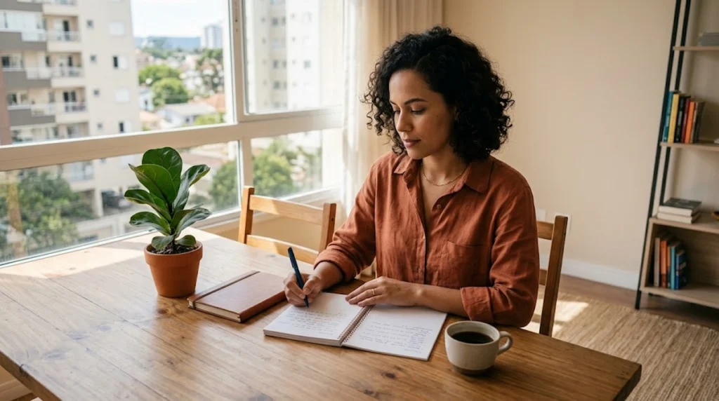 Fotografia realista e minimalista iluminada por luz natural suave vinda de uma janela. Uma pessoa está sentada à mesa de madeira em um ambiente organizado e aconchegante, escrevendo com uma caneta em um caderno aberto de forma serena e reflexiva. Sobre a mesa, ao lado do caderno, há uma xícara de café e um pequeno vaso com uma planta verde saudável. A cena possui linhas limpas, ótimo contraste e visual livre de distrações, sem textos, gráficos ou números, transmitindo planejamento, calma e clareza nas escolhas financeiras.