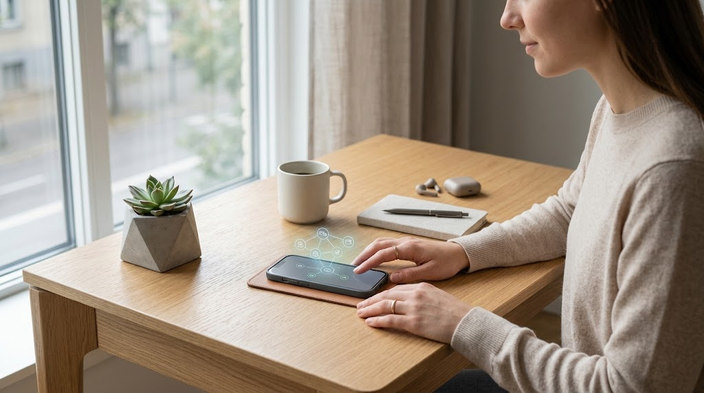 Fotografia realista e minimalista, em ângulo fechado, de uma pessoa sentada em uma mesa de madeira clara, interagindo com um dispositivo móvel moderno e ultrafino que exibe uma interface digital abstrata e sutil de pagamentos. Na mesa, há apenas uma caneca branca, uma pequena planta verde e um caderno aberto com uma caneta. O fundo é neutro e desfocado. A imagem transmite a facilidade e a organização das novas soluções financeiras digitais.