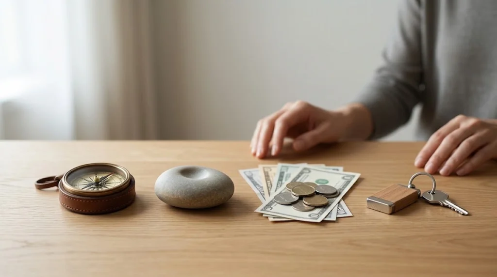 A eye-level shot of four distinct items neatly arranged in a horizontal row on a wooden table a brass compass encased in brown leather, and a stone